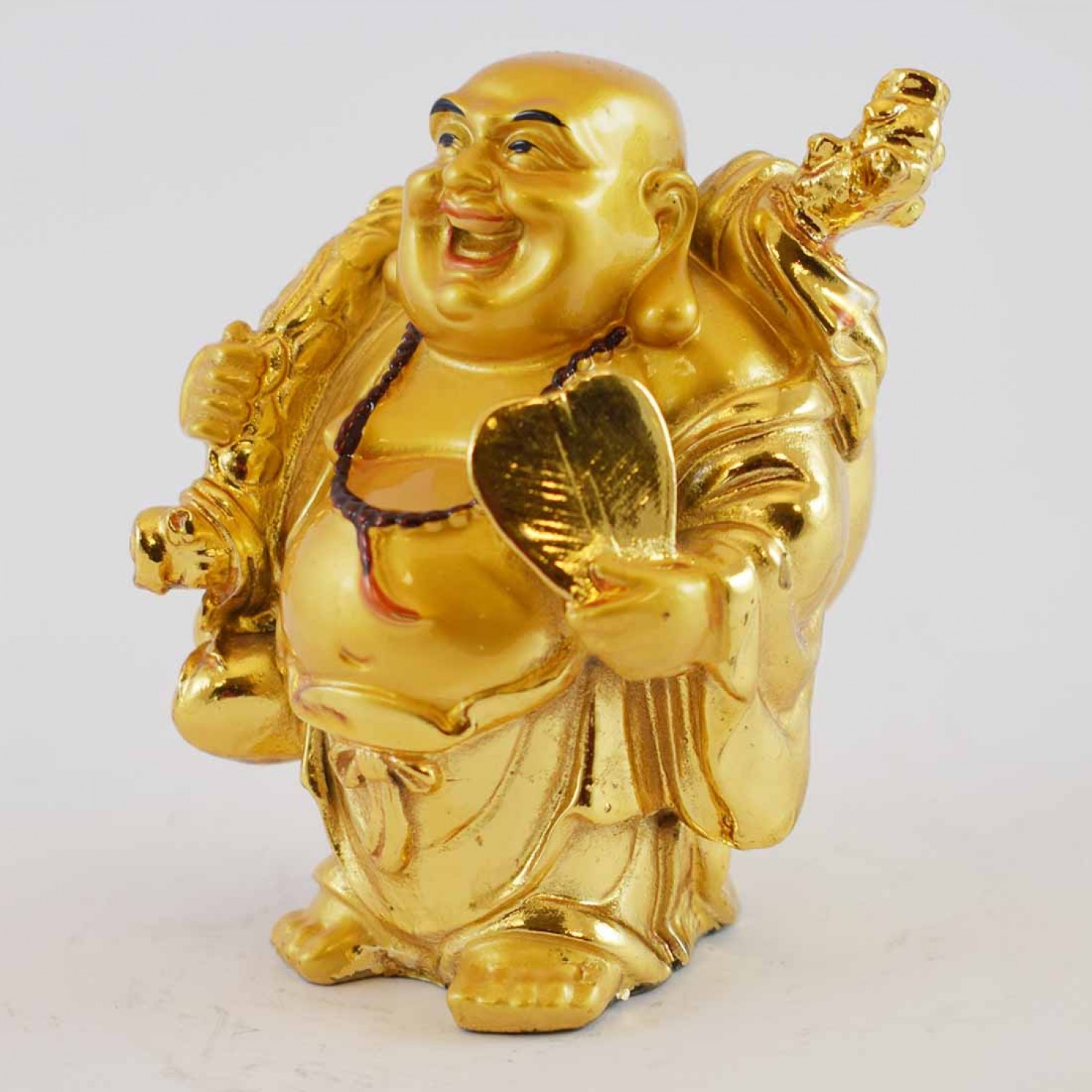 Handmade Golden Small Laughing Buddha Statue Holding Fan Banishes